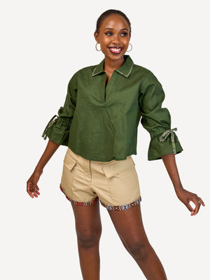 Crossover Back Linen Shirt: Jungle Green with Emerald Tribe Print