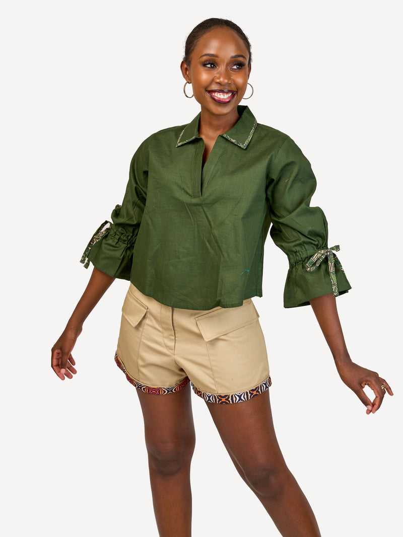 Crossover Back Linen Shirt: Jungle Green with Emerald Tribe Print