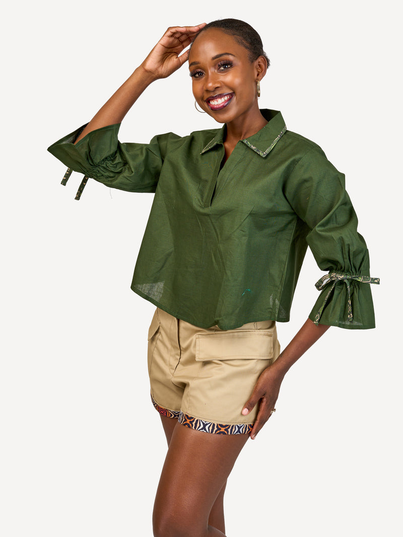 Crossover Back Linen Shirt: Jungle Green with Emerald Tribe Print