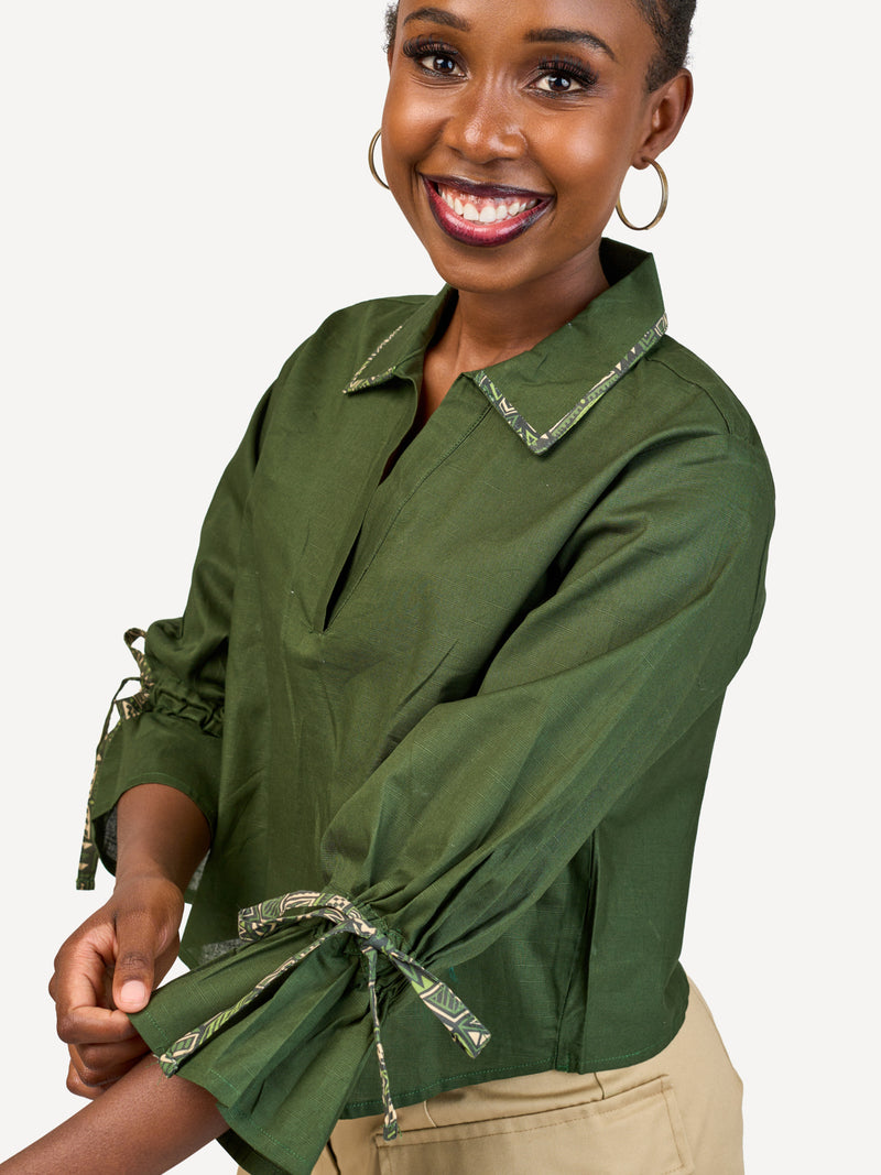 Crossover Back Linen Shirt: Jungle Green with Emerald Tribe Print