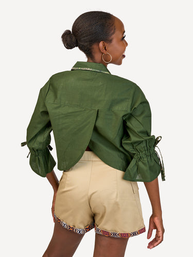 Crossover Back Linen Shirt: Jungle Green with Emerald Tribe Print