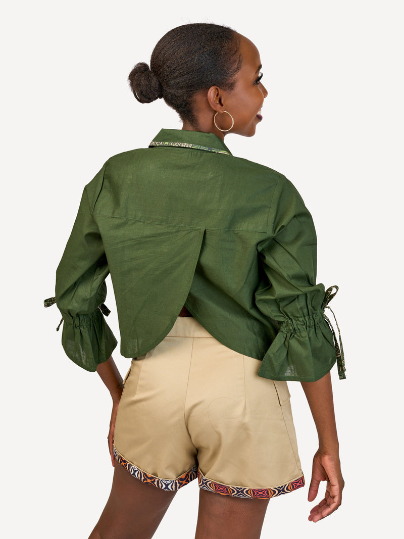 Crossover Back Linen Shirt: Jungle Green with Emerald Tribe Print