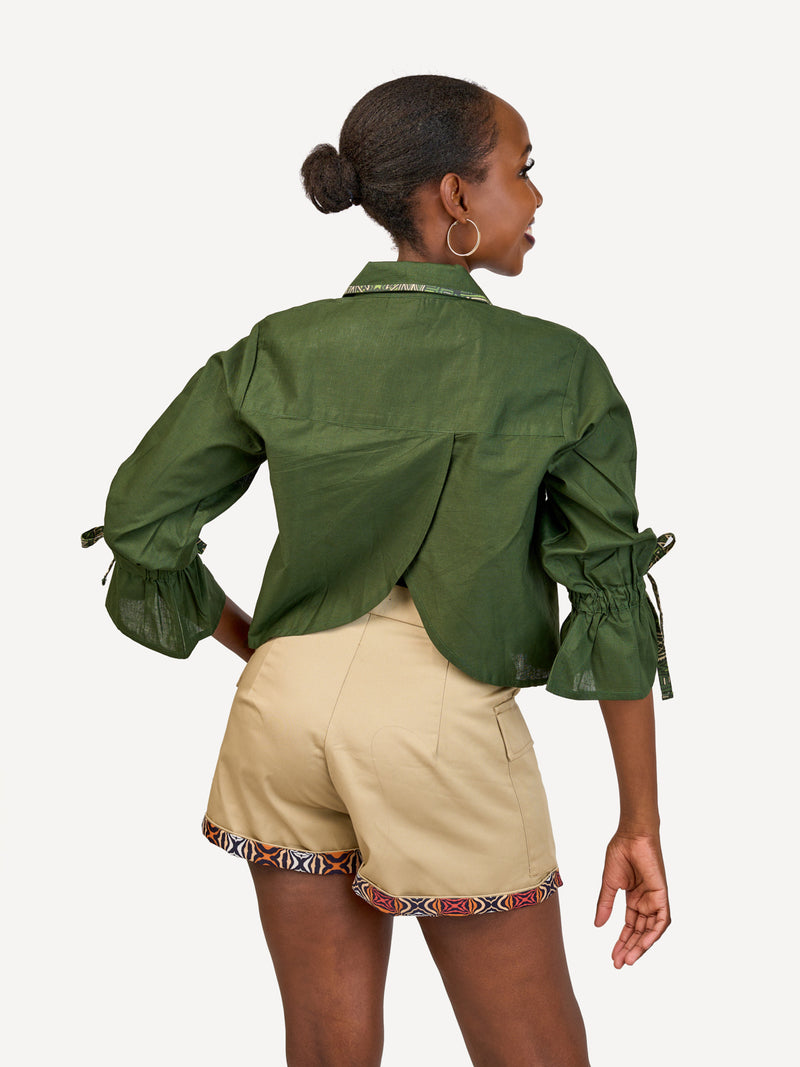 Crossover Back Linen Shirt: Jungle Green with Emerald Tribe Print