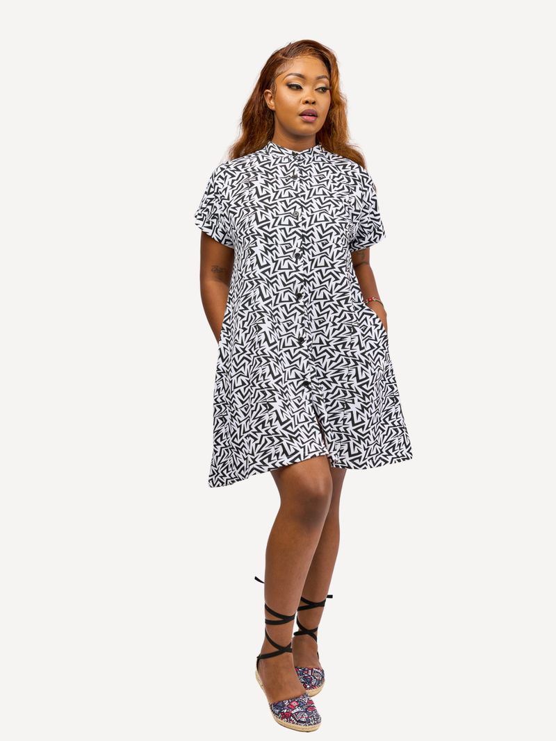 Kali Ladies: Shirt Dress - Black & White Thunder Print