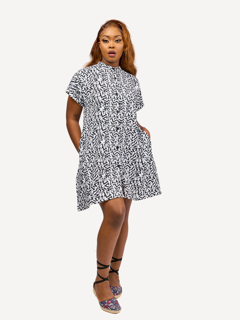Kali Ladies: Shirt Dress - Black & White Thunder Print