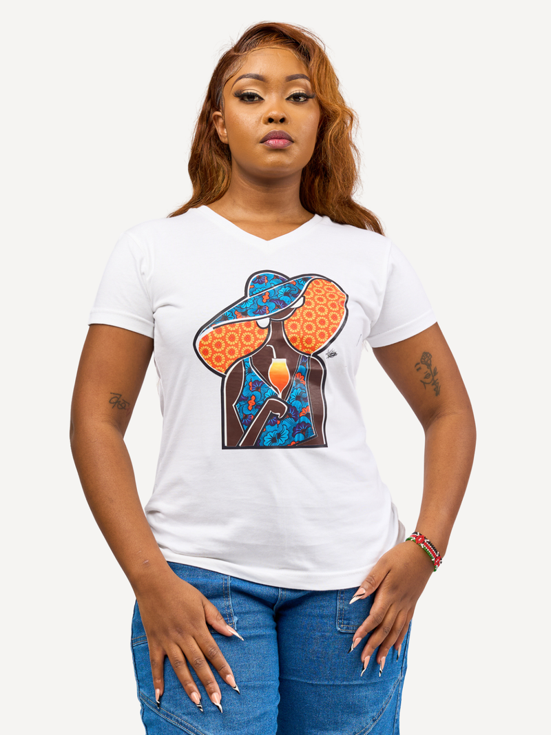Ladies Graphic Ts: White with African Lady 2