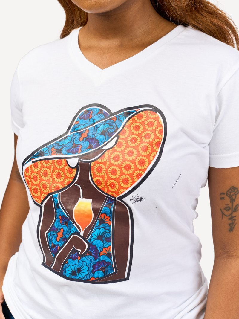 Ladies Graphic Ts: White with African Lady 2