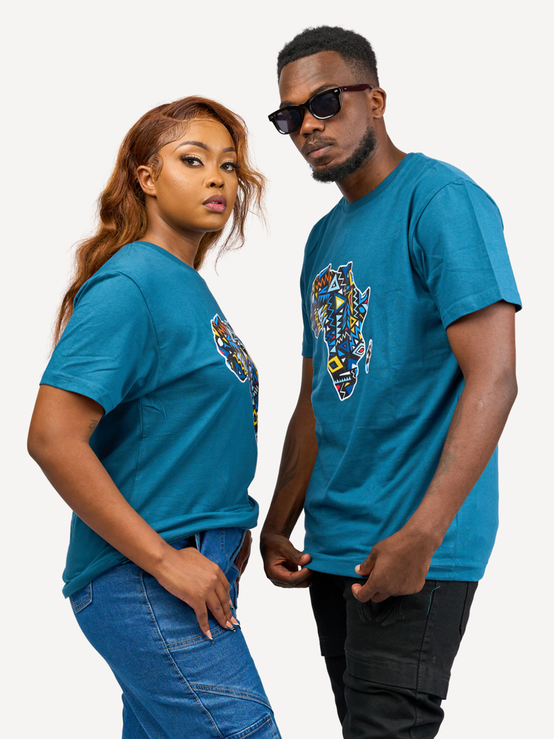 Kali Graphic Ts: Petrol Blue with African Map