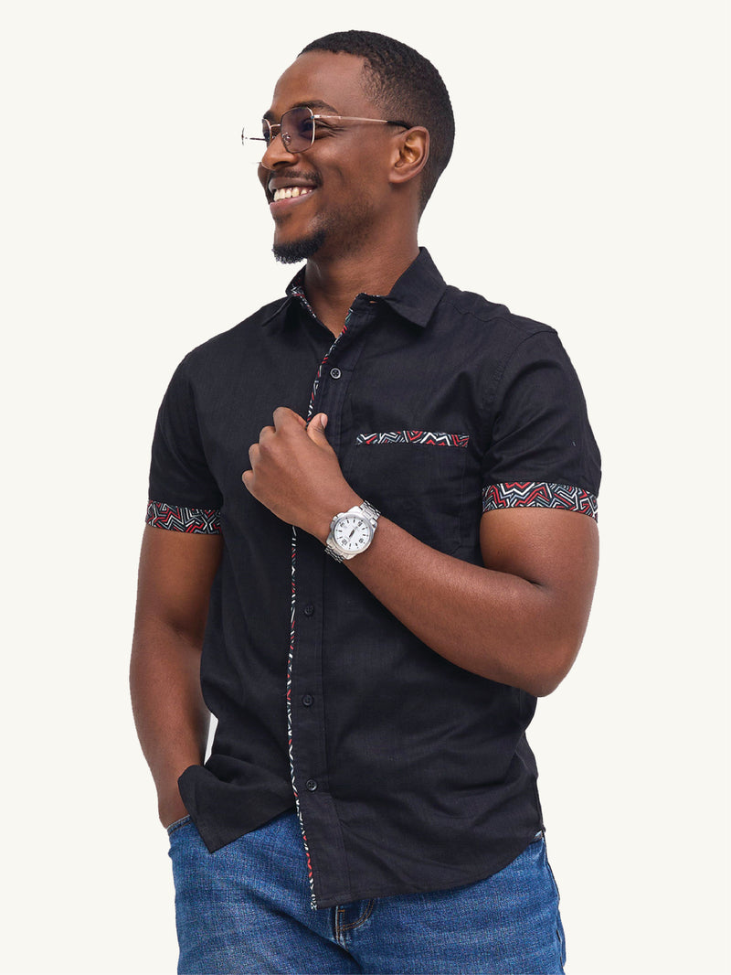 Linen Shirts: Black with Red & Grey Geo Print