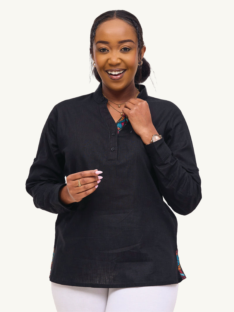 Linen Blouse: Black with Wavy Rainbow Print