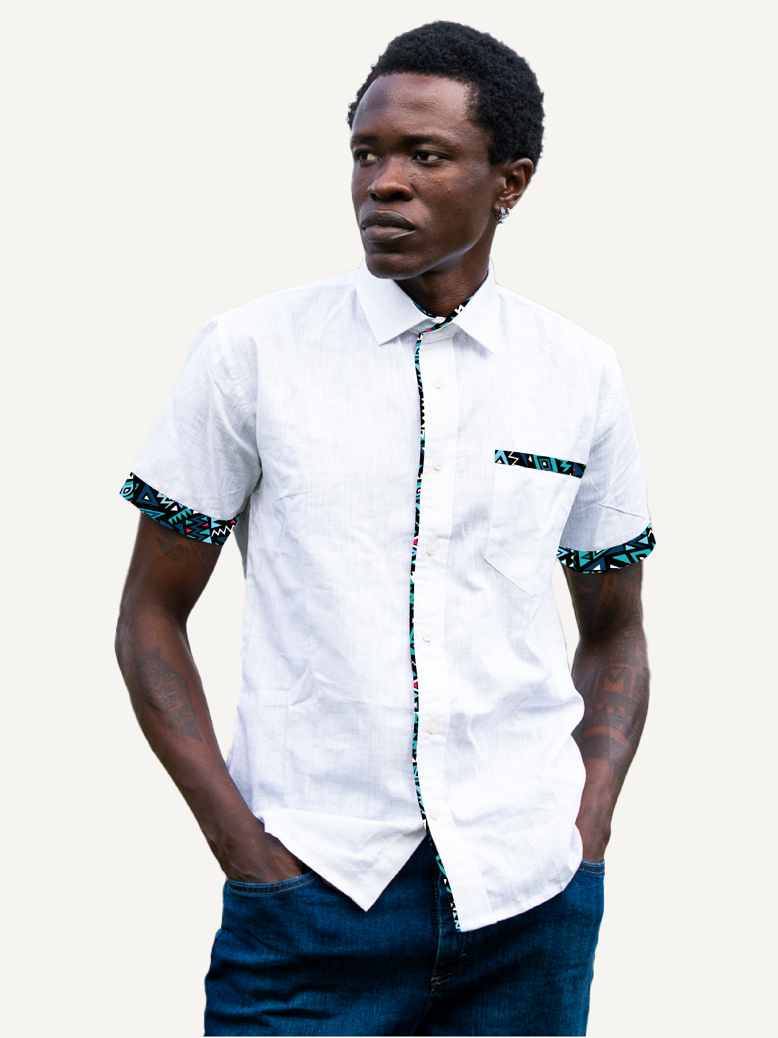Linen Shirts: White with Teal & Blue KK