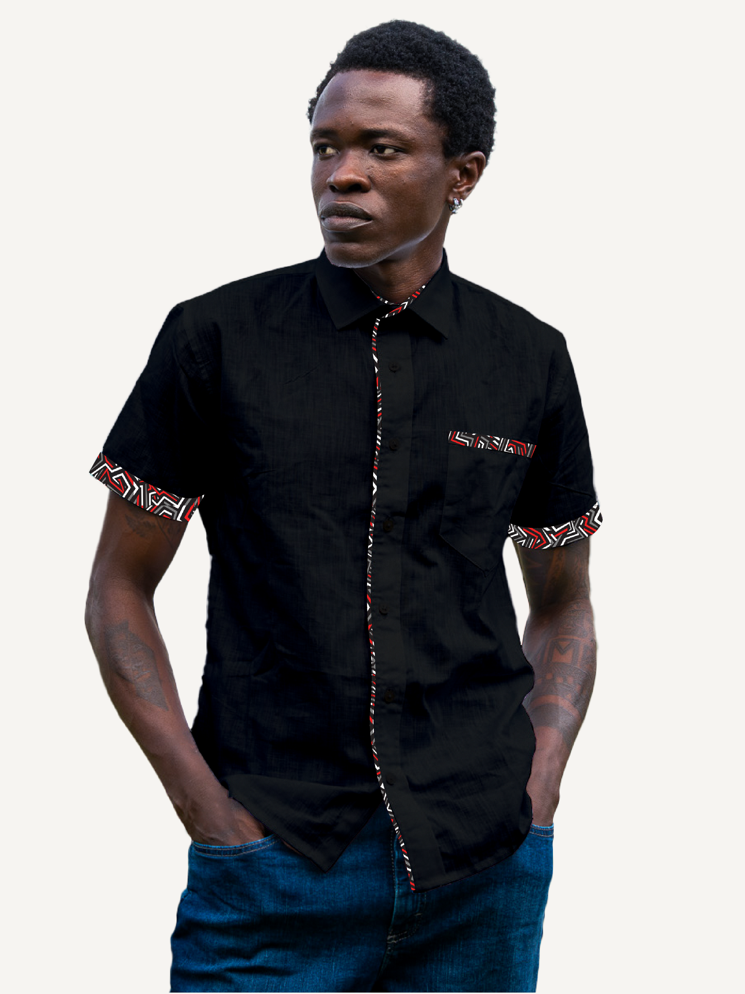 Linen Shirts: Black with Red & Grey Geo Print