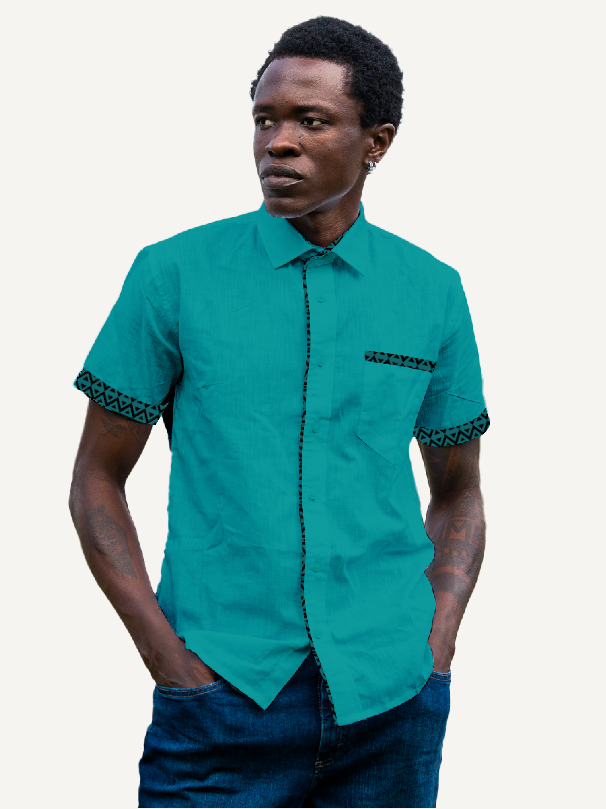 Linen Shirts: Teal with Teal & Black KK