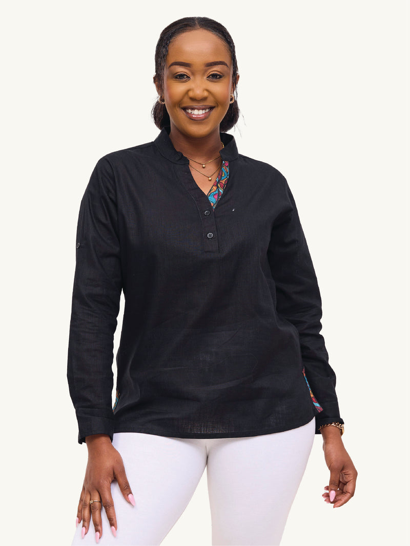 Linen Blouse: Black with Wavy Rainbow Print