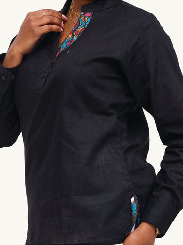 Linen Blouse: Black with Wavy Rainbow Print