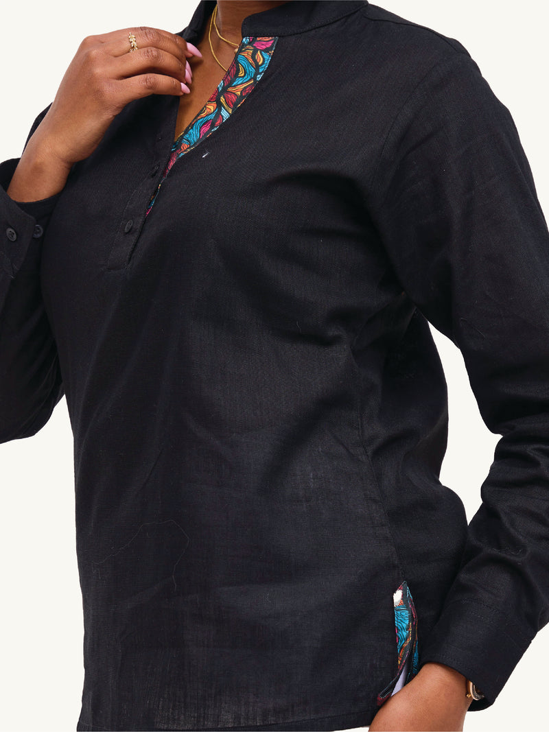 Linen Blouse: Black with Wavy Rainbow Print