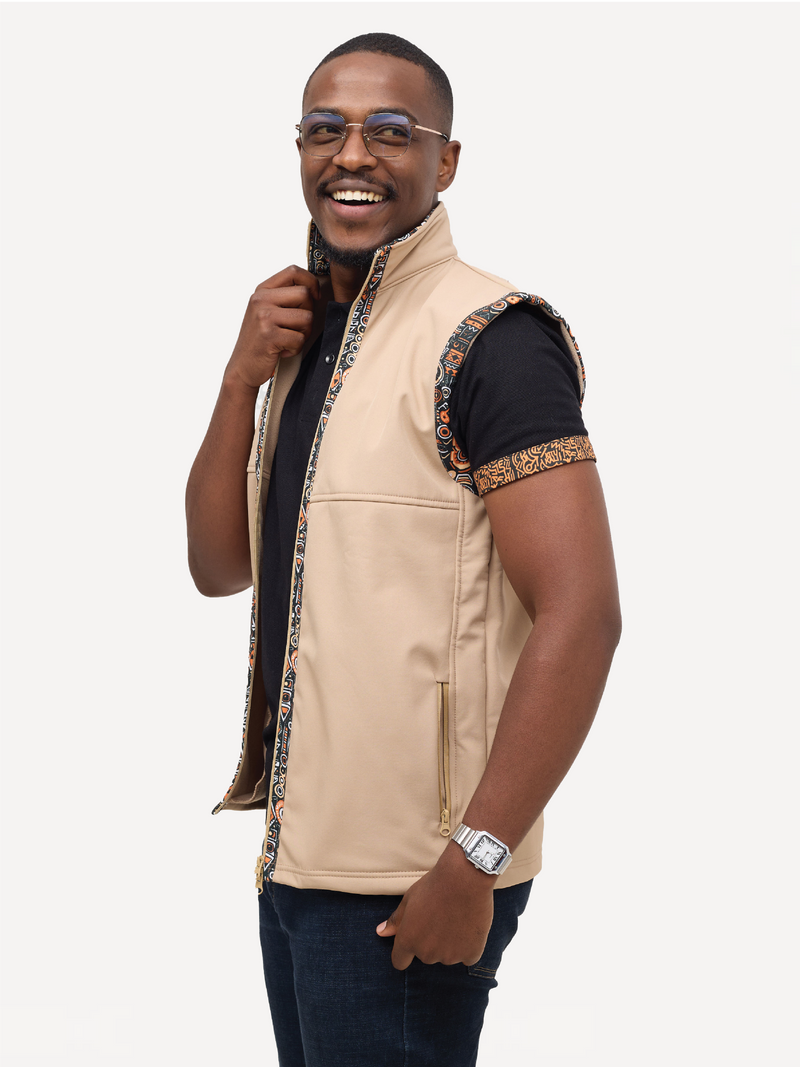 Beige with Safari Print Mens Softshell Jacket: Sleeveless