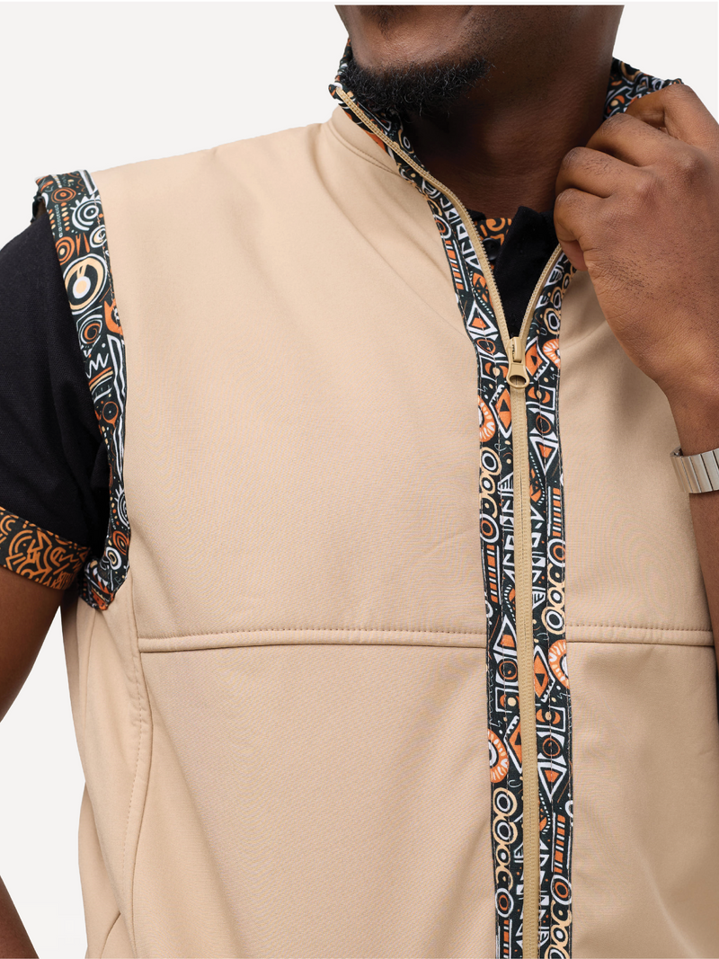 Beige with Safari Print Mens Softshell Jacket: Sleeveless