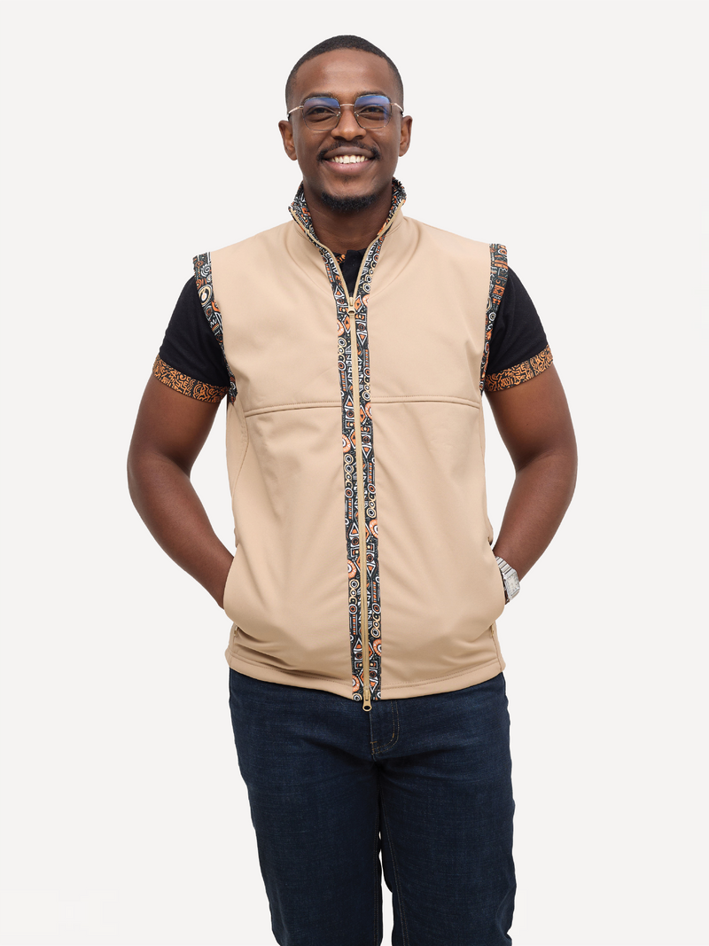 Beige with Safari Print Mens Softshell Jacket: Sleeveless