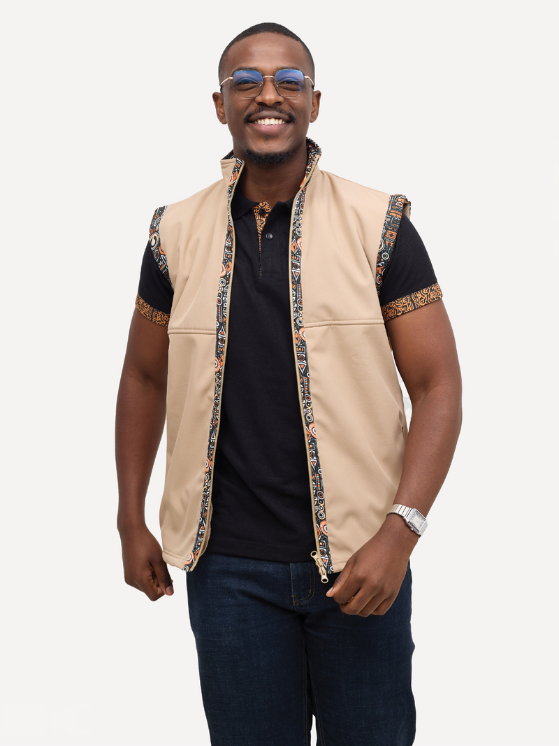 Beige with Safari Print Mens Softshell Jacket: Sleeveless