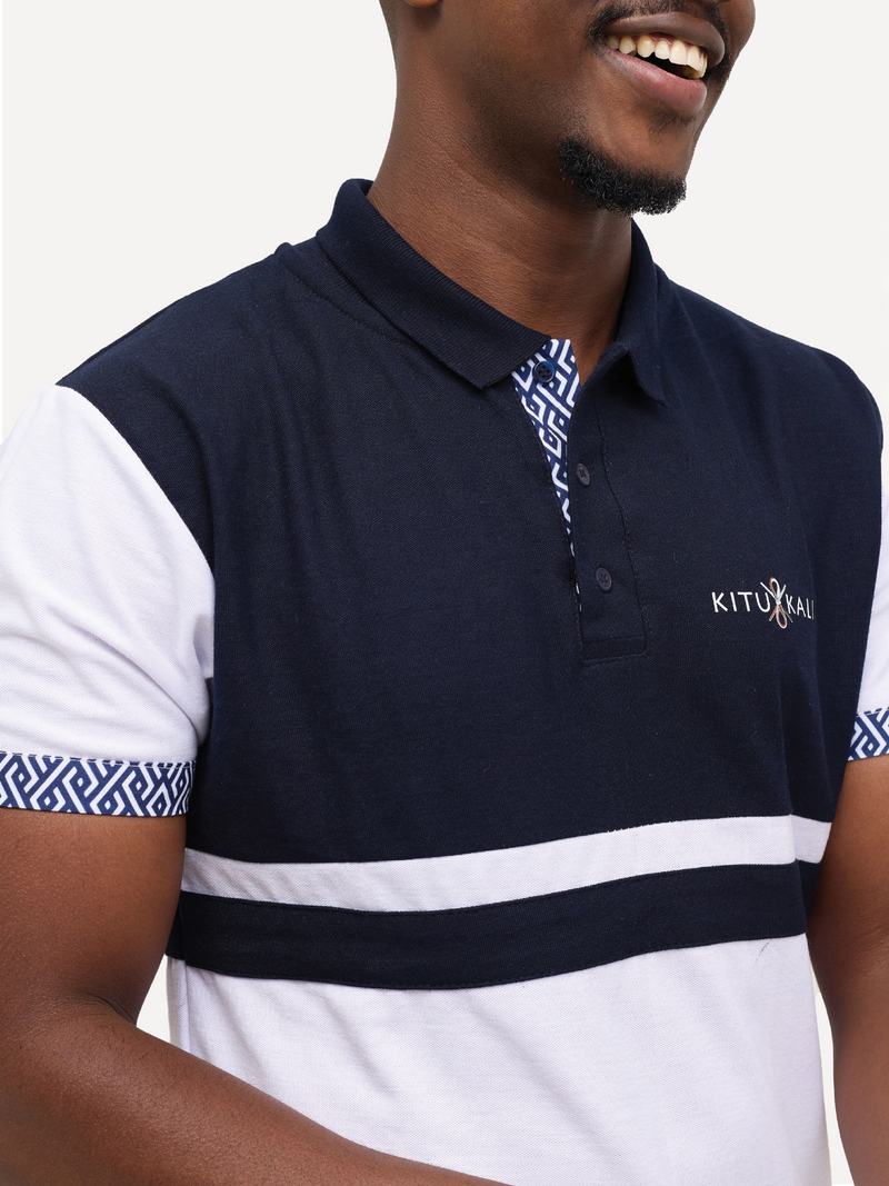 Kali Premium Block Polos: White & Navy with Navy Wave Print