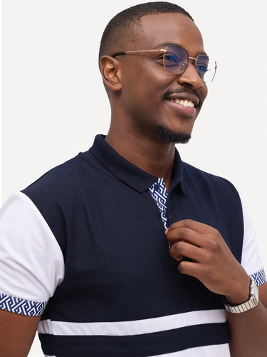 Kali Premium Block Polos: White & Navy with Navy Wave Print
