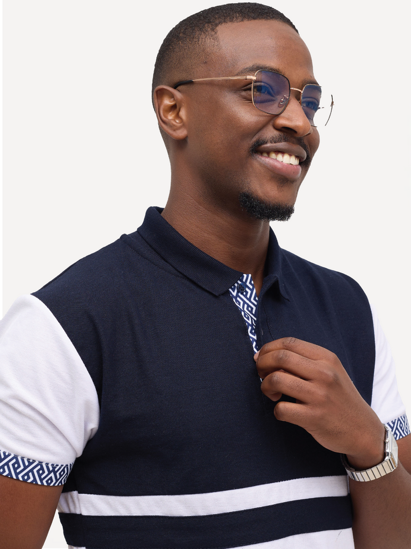 Kali Premium Block Polos: White & Navy with Navy Wave Print