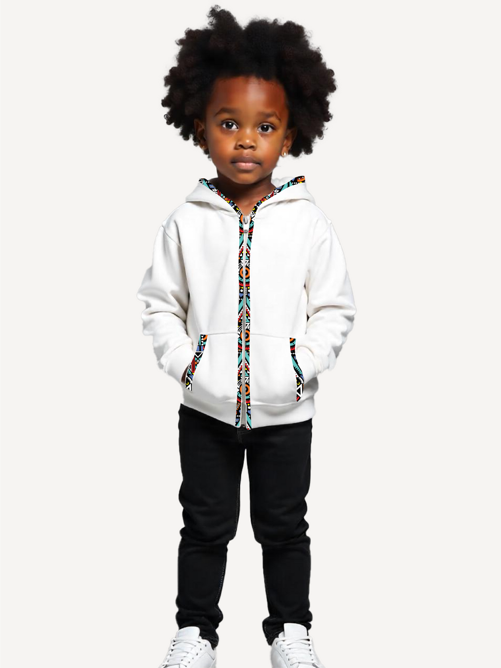 Kids Zipper Hoodies: White with Blue Tribal