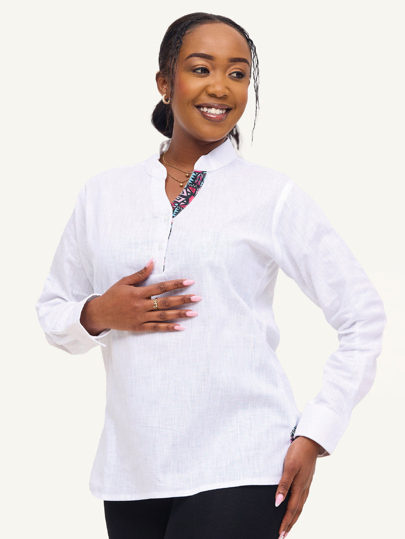 Linen Blouse: White with Blue & Pink KK