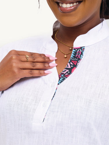 Linen Blouse: White with Blue & Pink KK
