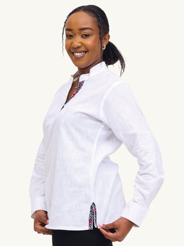 Linen Blouse: White with Blue & Pink KK