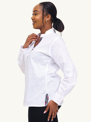 Linen Blouse: White with Blue & Pink KK