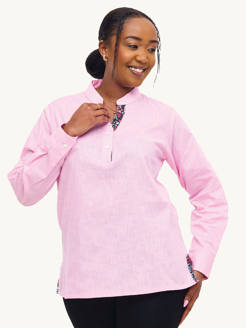 Linen Blouse: Baby Pink with Blue & Pink KK