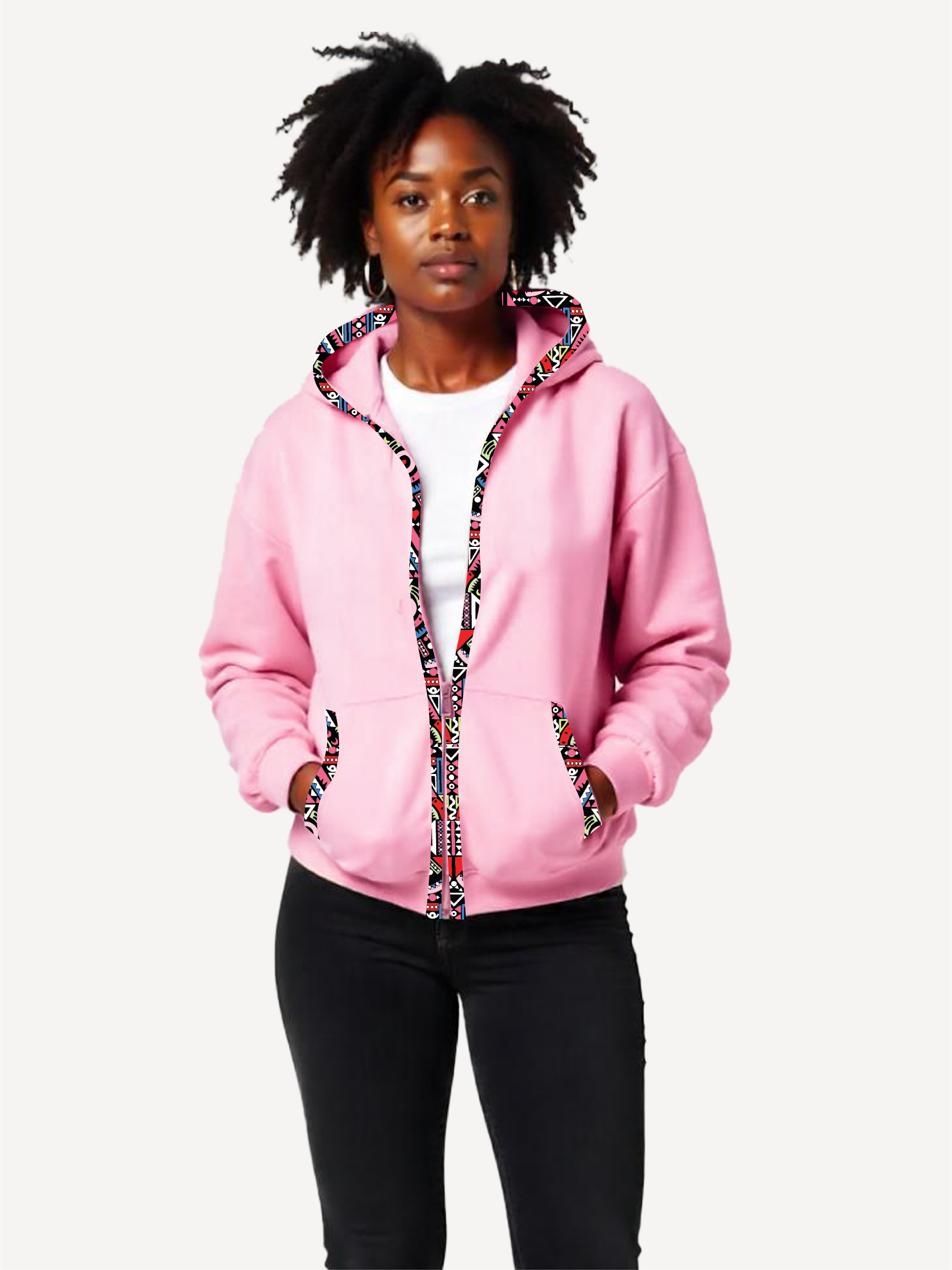 Ladies Zipper Hoodies: Baby Pink with Pink Tribal