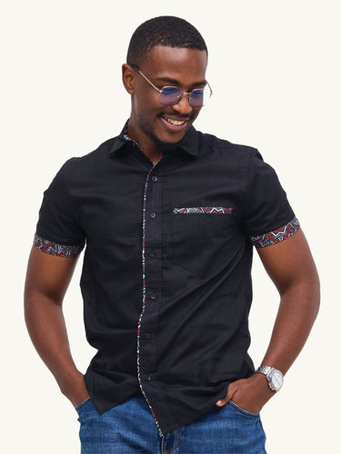 Linen Shirts: Black with Red & Grey Geo Print