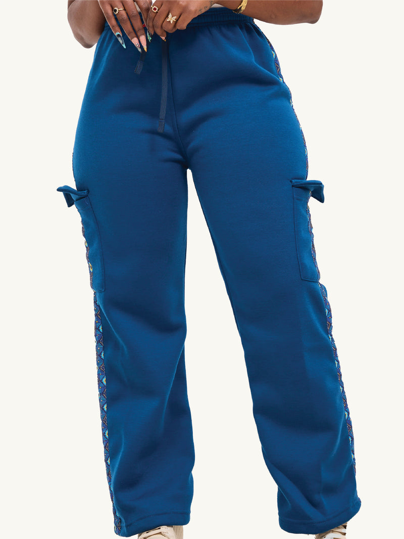 Kali Ladies Flared Pants - Petrol Blue with Blue Spiral Print