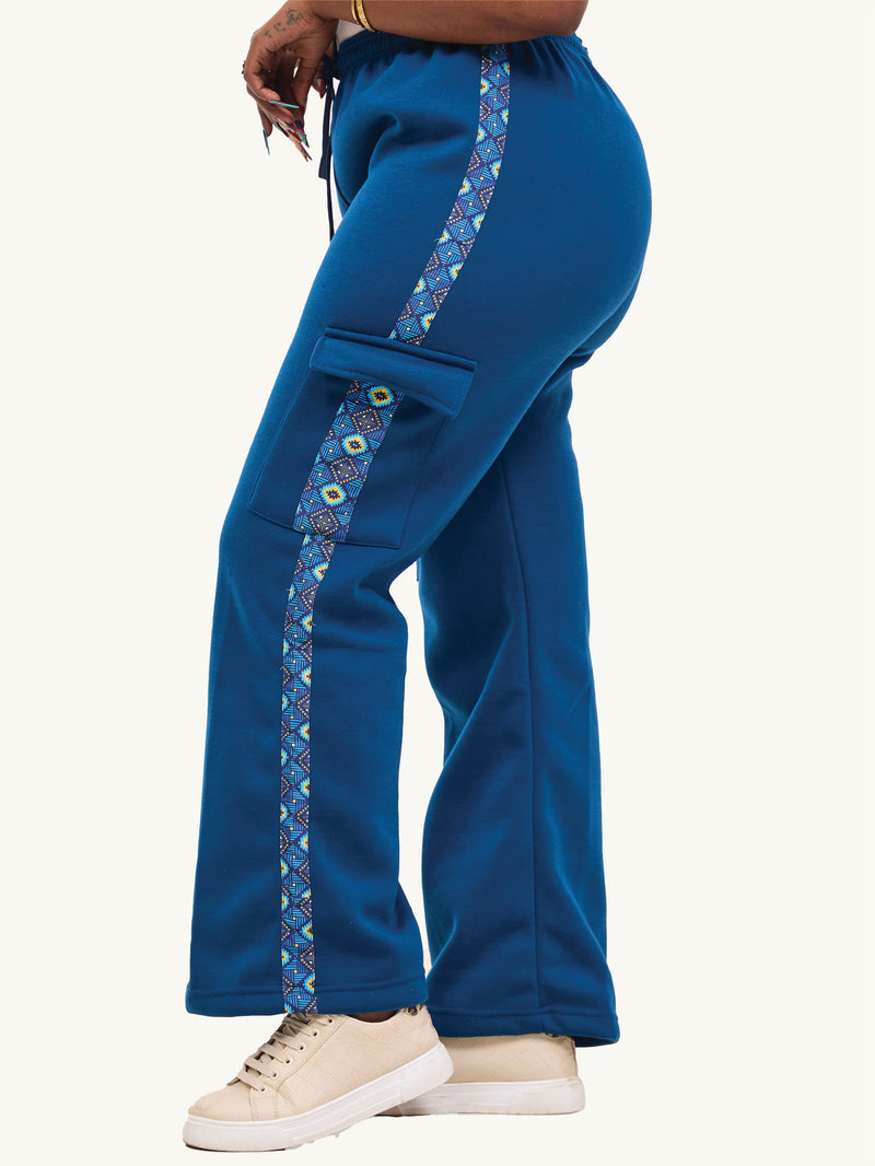 Kali Ladies Flared Pants - Petrol Blue with Blue Spiral Print