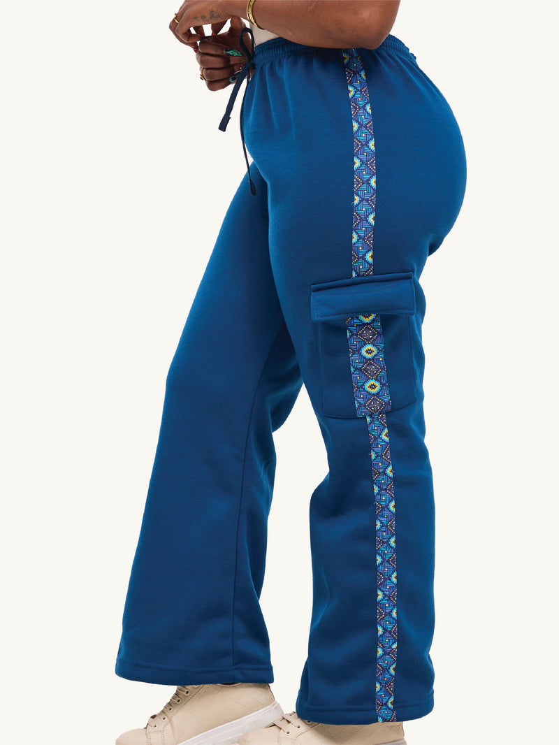 Kali Ladies Flared Pants - Petrol Blue with Blue Spiral Print