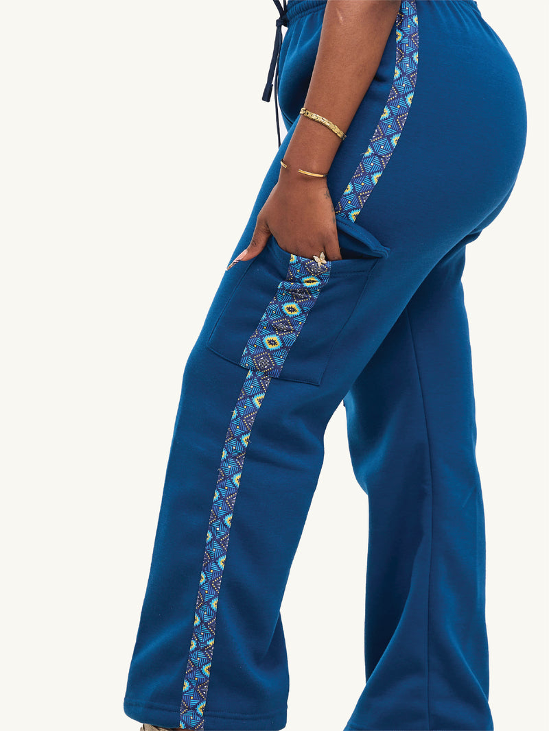 Kali Ladies Flared Pants - Petrol Blue with Blue Spiral Print