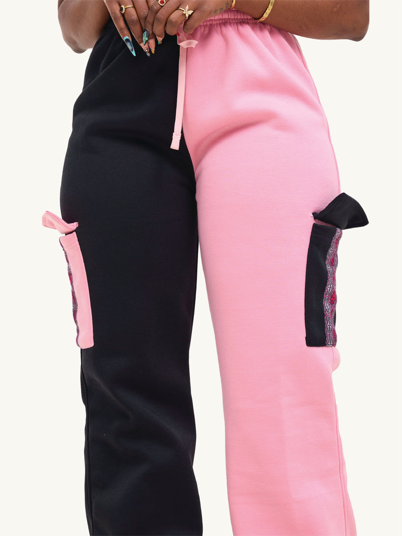 Kali Ladies Flared Pants - Pink & Black with Pink Salmon Print