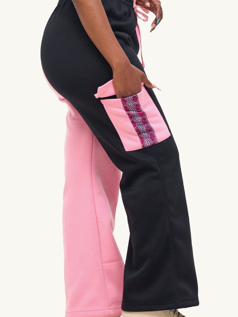 Kali Ladies Flared Pants - Pink & Black with Pink Salmon Print