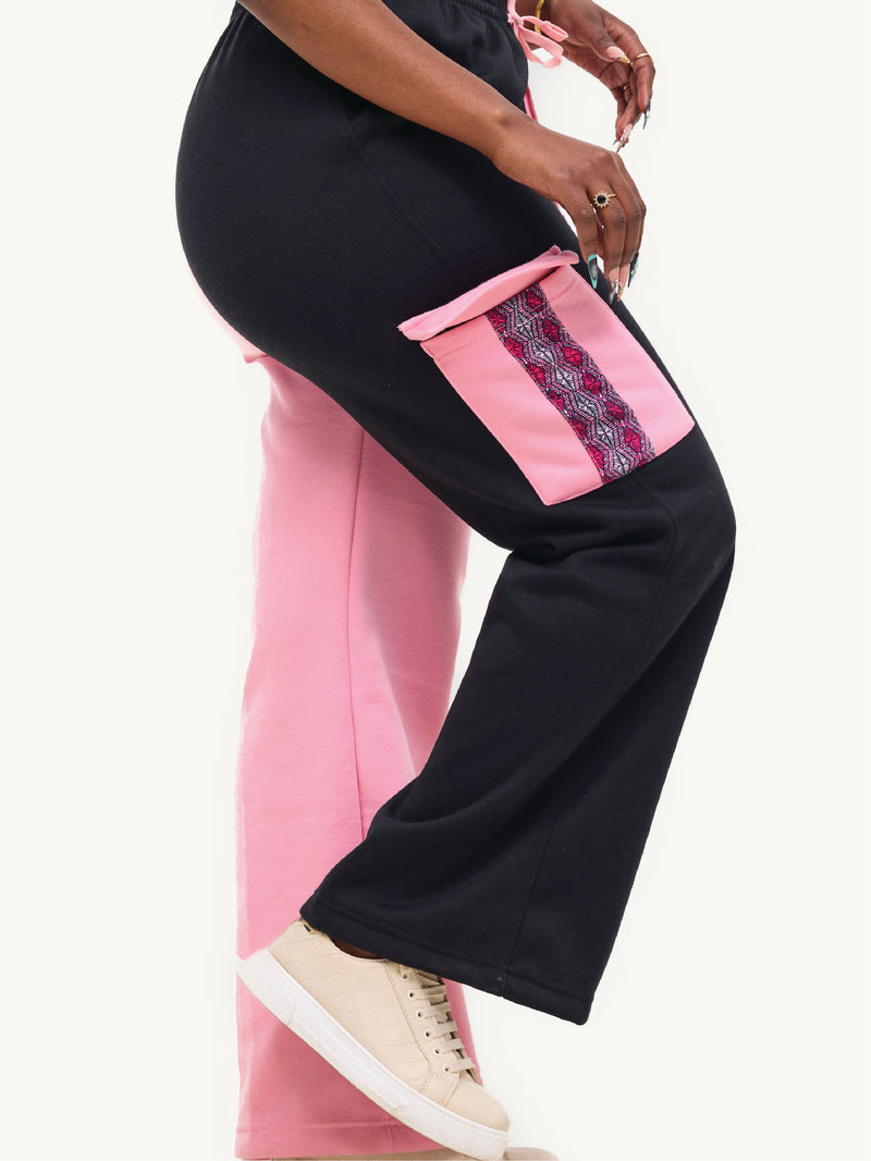 Kali Ladies Flared Pants - Pink & Black with Pink Salmon Print