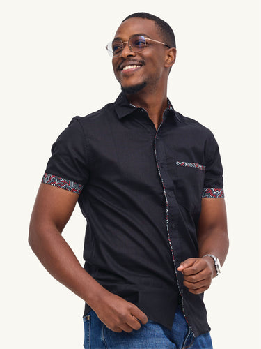 Linen Shirts: Black with Red & Grey Geo Print