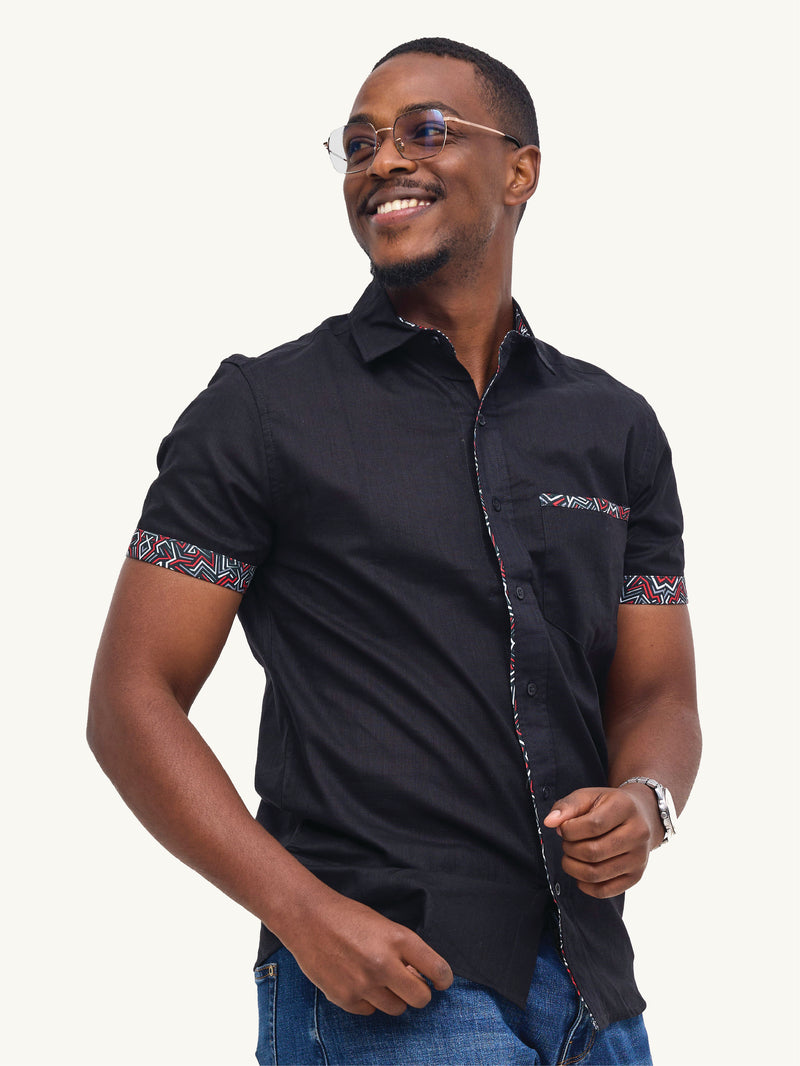 Linen Shirts: Black with Red & Grey Geo Print