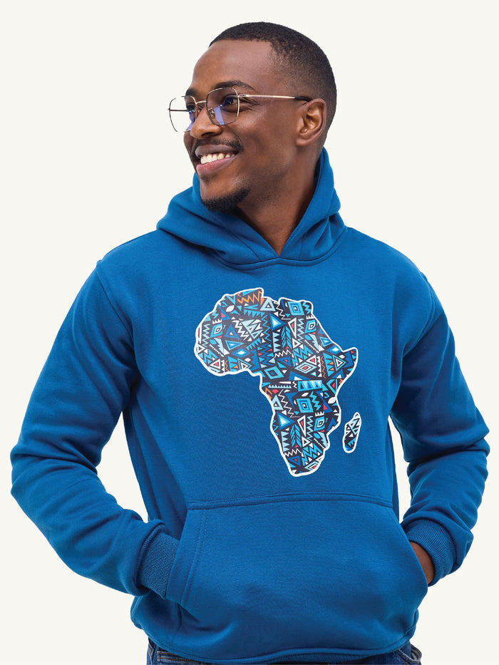 Kali Graphic Hoodies: Petrol Blue with Africa Map