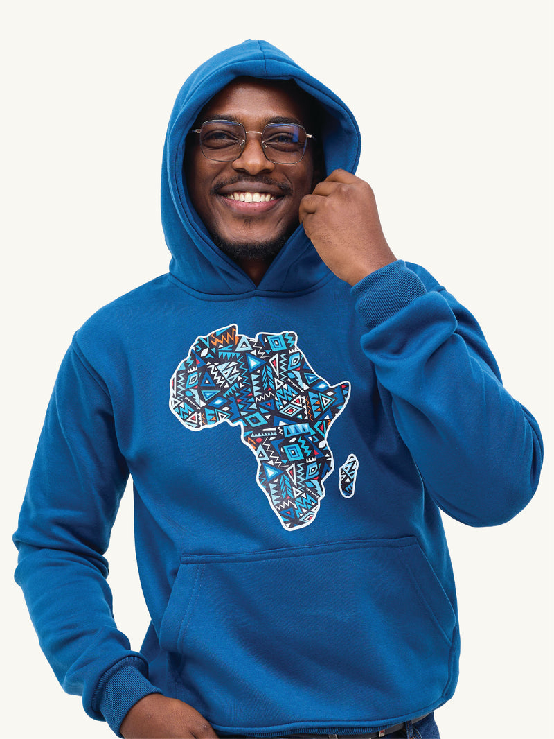 Kali Graphic Hoodies: Petrol Blue with Africa Map