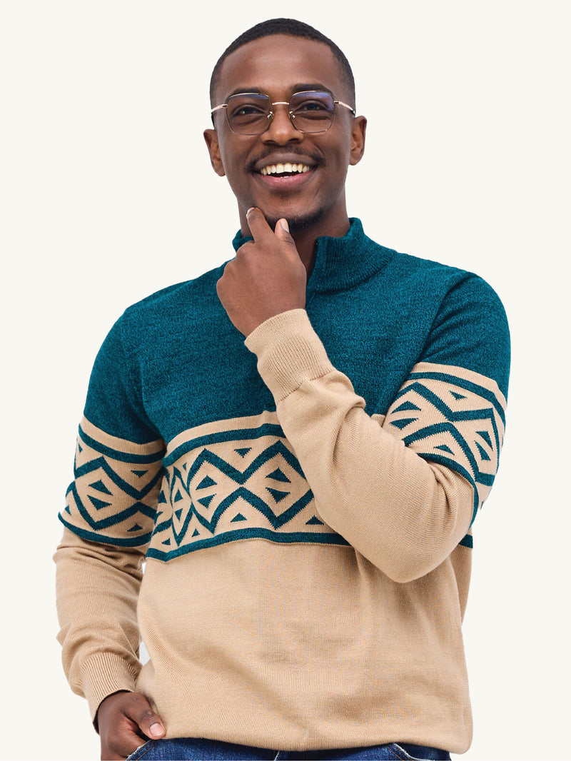 Kali Mens KnitWear: Half-Zip - Beige & Green