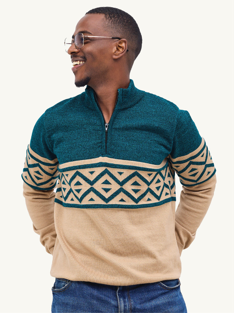 Kali Mens KnitWear: Half-Zip - Beige & Green