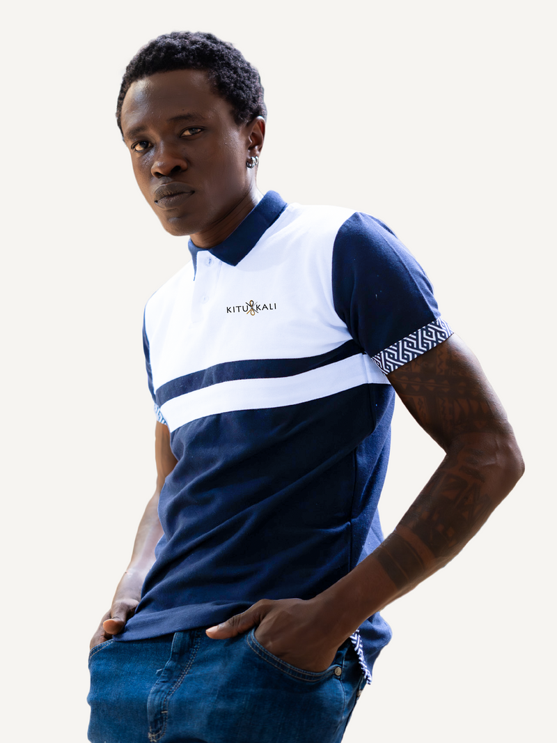 Kali Premium Block Polos: White & Navy with Navy Wave Print