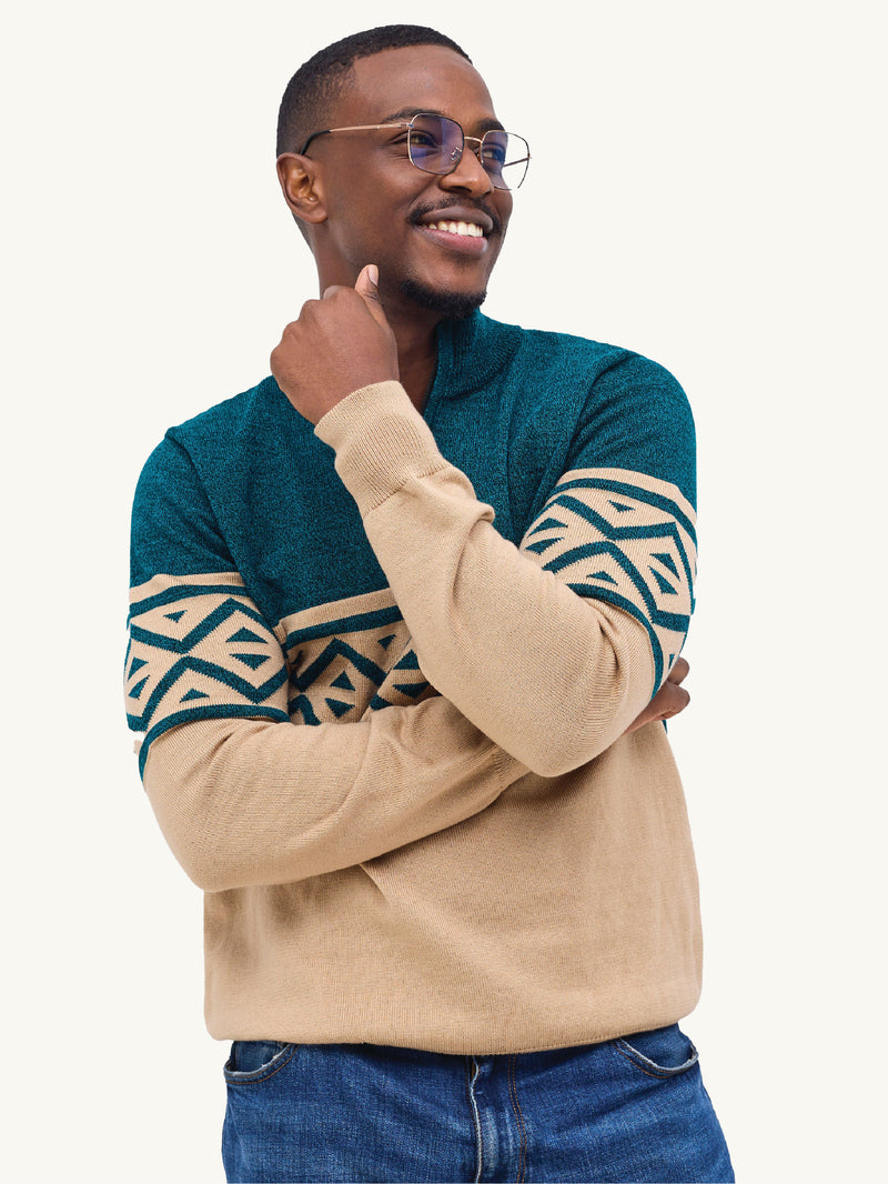 Kali Mens KnitWear: Half-Zip - Beige & Green